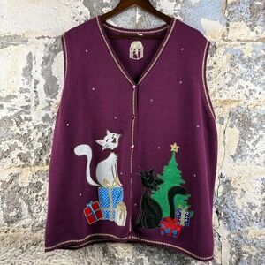 Vintage Purple Cat Christmas Tree Cardigan Sweater Vest Knit Sparkle Holiday